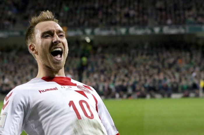 Christian Eriksen merayakan gol timnas Denmark ke gawang Republik Irlandia pada partai kedua babak play-off Kualifikasi Piala Dunia 2018 zona Eropa di Stadion Aviva, Dublin, Rabu (15/11/2017) dini hari WIB.