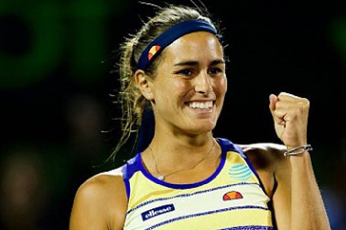 Ekspresi petenis asal Puerto Rico, Monica Puig, usai memenangi laga Miami Open 2018.