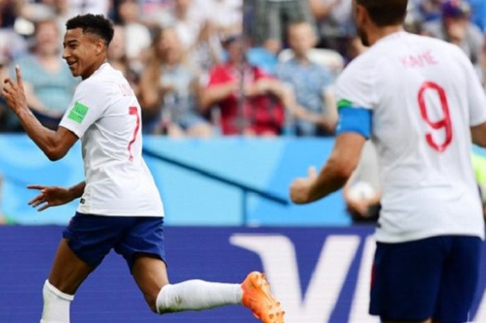  Jesse Lingard merayakan gol Inggris ke gawang Panama pada laga Grup G Piala Dunia 2018 di Nizhny Novgorod, 24 Juni 2018.  