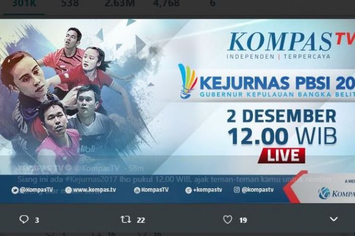 Jadwal siaran langsung final Kejurnas PBSI 2017, Sabtu (2/12/2017) di Kompas TV. 