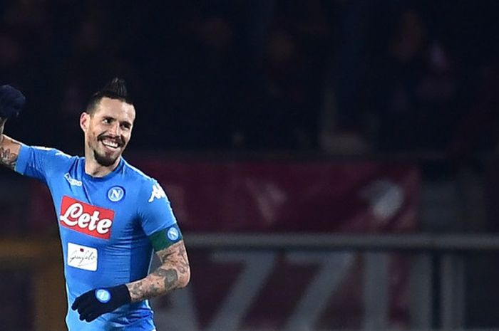 Marek Hamsik merayakan gol Napoli ke gawang Torino pada partai Liga Italia di Stadion Olimpico Grande Torino, Minggu (17/12/2017) dini hari WIB.