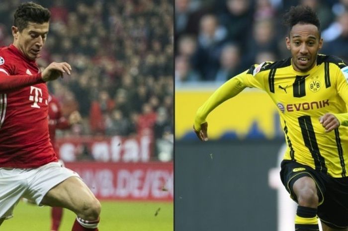 Striker Bayern Muenchen, Robert Lewandowski (kiri), dan penyerang Borussia Dortmund, Pierre-Emerick Aubameyang, bersaing ketat di pekan terakhir dalam jalur persaingan raja gol Bundesliga 2016-2017.