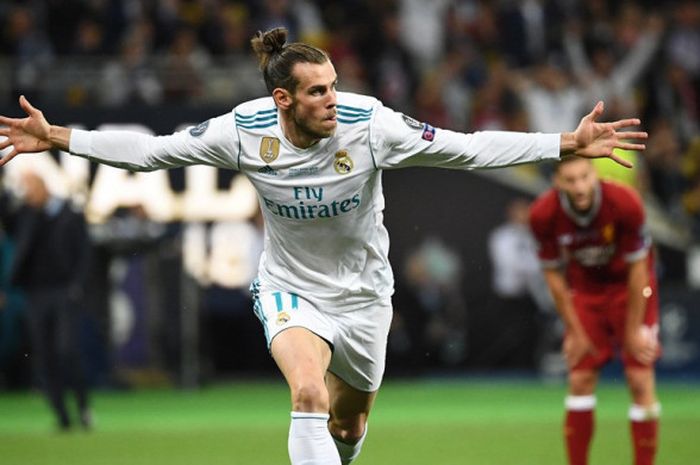  Penyerang Real Madrid, Gareth Bale, merayakan gol yang dicetak ke gawang Liverpool FC dalam laga final Liga Champions di Stadion NSC Olimpiyskiy, Kiev, Ukraina pada 26 Mei 2018. 