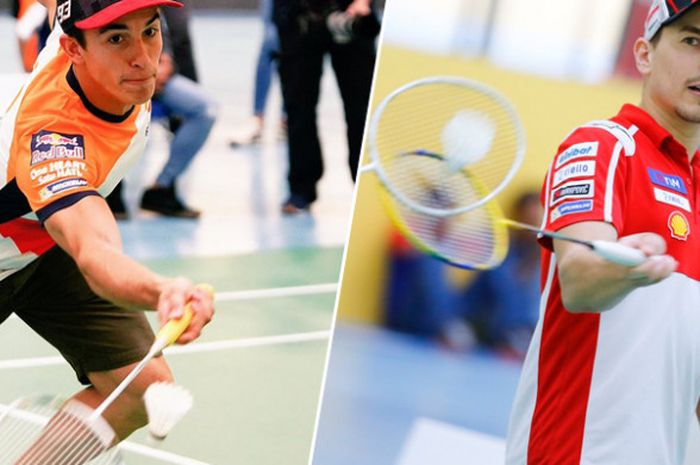 Marc Marquez dan Jorge Lorenzo bermain badminton pada pre-event MotoGP Malaysia yang berlangsung di Velodrom Nasional Malaysia (25/10/2017).