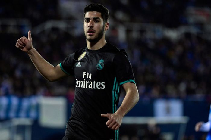 Ekspresi gelandang Real Madrid, Marco Asensio, dalam pertandingan leg 1 perempat final Copa del Rey 2017-2018 di Estadio Municipal Butarque, Leganes, Spanyol, pada Kamis (18/1/2018).