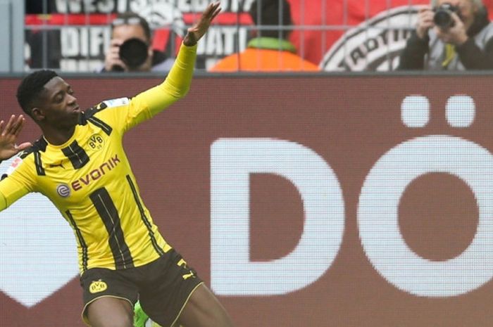 Aksi perayaan gol Ousmane Dembele dalam laga Liga Jerman antara Borussia Dortmund lawan Bayer Leverkusen, 4 Maret 2017.