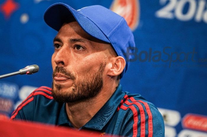 David Silva menjawab pertanyaan dalam sesi konferensi pers sebelum laga Spanyol kontra Rusia di Stadion Luzhniki, Moskow, Sabtu (30/6/2018).