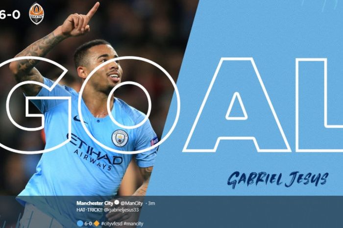 Striker Manchester City, Gabriel Jesus, cetak gol ketiga dalam laga Liga Champions kontra Shakhtar Donetsk, Rabu (7/11/2018) waktu setempat atau Kamis dini hari WIB di Stadion Etihad, Manchester.