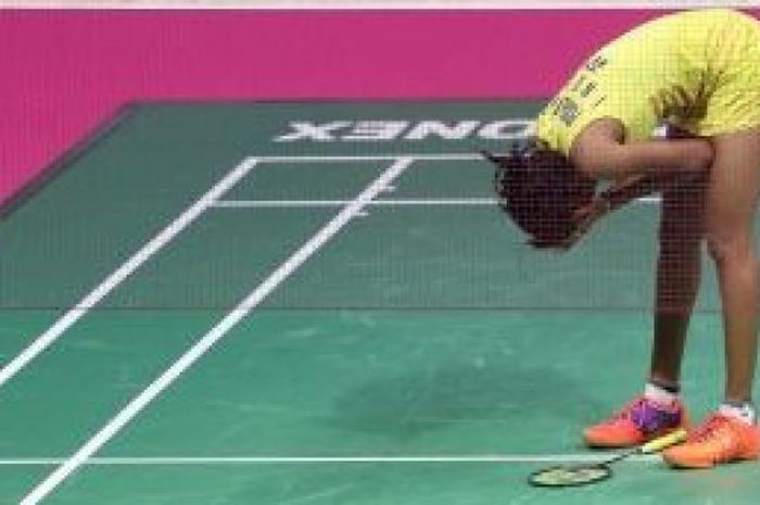 PV Sindhu usai melakukan rally panjang. 