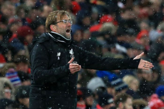  Ekspresi pelatih Liverpool, Juergen Klopp, pada pertandingan Liga Inggris melawan Watforddi Anfield, Sabtu (17/3/2018). 