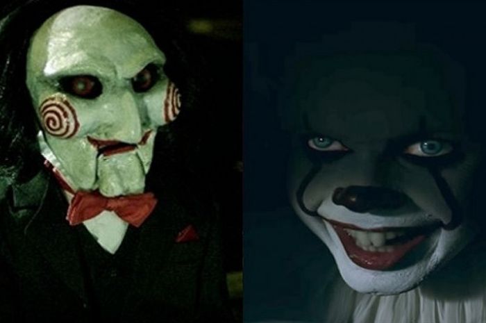 Kolase foto tokoh film Jigsaw (kiri) dan Pennywise (kanan).