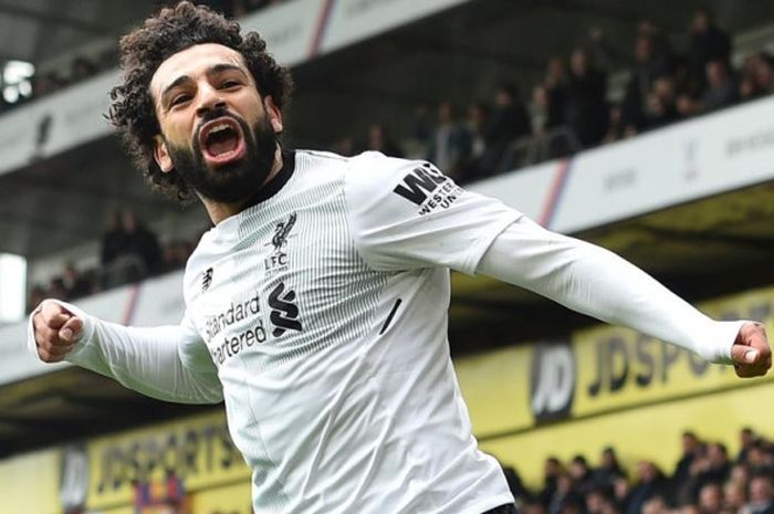    Ekspresi Mohamed Salah setelah mencetak gol Liverpool ke gawang Crystal Palace dalam partai Liga Inggris di Stadion Selhurst Park, London, 31 Maret 2018.    