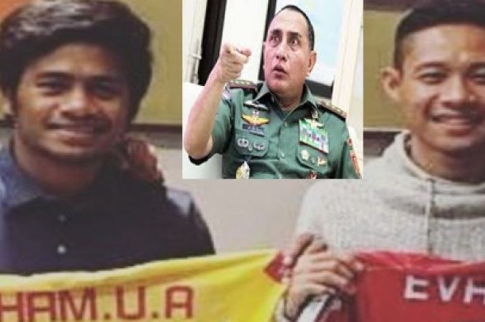 Ilham Udin Armaiyn dan Evan Dimas berpose sambil memperlihatkan jersey Selangor FA. Ketua Umum PSSI Edy Rahmayadi (inset) meminta keduanya membatalkan kontrak dan kembali bermain di klub dalam negeri.