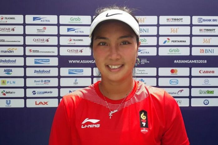 Petenis putri Indonesia, Aldila Sutjiadi, seusai pertandingan perempat final Asian Games 2018, Rabu (22/8/2018) di Tennis Court, Kompleks Jakabaring, Palembang Sumatra Selatan.