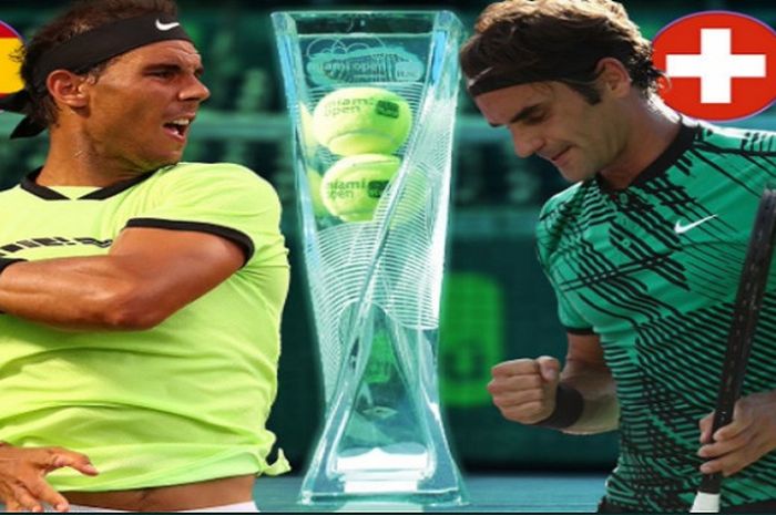 Pertemuan terakhir Rafael Nadal (kiri) dan Roger Federer (kanan) terjadi di Miami Open  pada April 2017