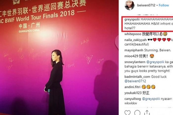 Komentar Greysia Polii tentang gaun yang digunakan Zhang Beiwen (Amerika Serikat) dalam gala dinner BWF World Tour Finals 2018 pada Senin (10/12/2018).