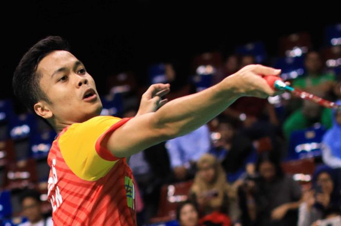 Pebulu tangkis tunggal putra nasional, Anthony Sinisuka Ginting, tampil membela SGS PLN Bandung pada Kejurnas PBSI 2018, di Britama Arena, Jakarta, Selasa (18/12/2018).