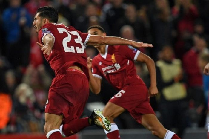 Gelandang bertahan Liverpool, Emre Can, berselebrasi usai mencetak gol ke gawang Maribor di ajang Liga Champions Grup E, Rabu (1/11/2017).