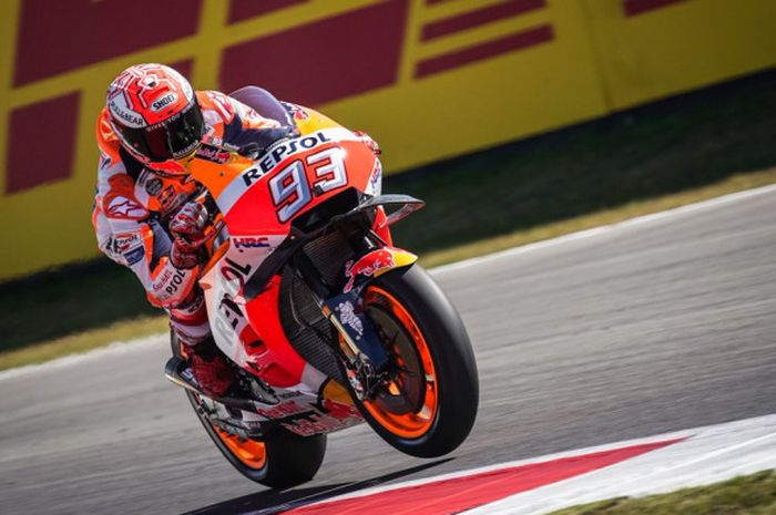 Marc Marquez saat sesi latihan bebas MotoGP Belanda, Jumat (29/6/2018).