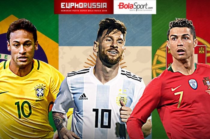 Neymar Jr, Lionel Messi, dan Cristiano Ronaldo, tiga bintang sepak bola dunia yang menjadi ikon Piala Dunia 2018.