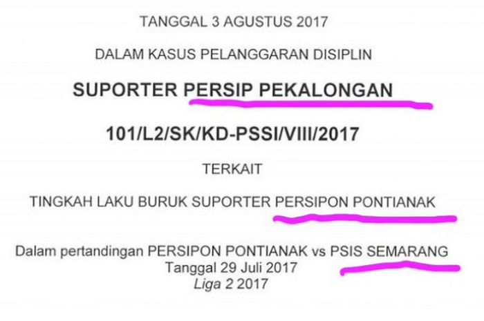 Surat Komisi Disipli PSSI di Media Sosial.