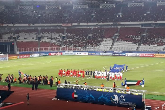    Partai timnas U-19 Indonesia versus Uni Emirat Arab, Rabu (24/10/2018).   