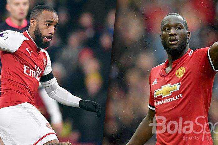 Dua striker, Alexandre Lacazette (Arsenal/kiri), dan Romelu Lukaku (Manchester United), saling berlomba menjebol gawang lawan.