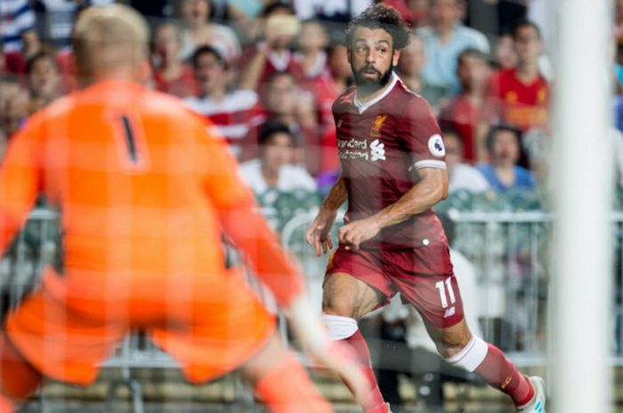 Aksi penyerang sayap Liverpool FC, Mohamed Salah, dalam pertandingan pramusim 2017-2018 bertajuk Premier League Asia Trophy menghadapi Leicester City di Hongkong, pada 22 Juli 2017.