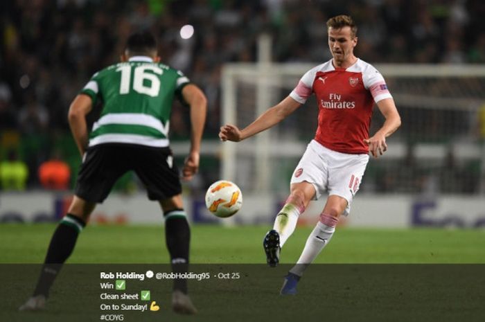 Bek Arsenal Rob Holding, sedang beraksi dalam laga penyisihan Grup E Liga Europa kontra Sporting CP, pada 25 Oktober 2018 di Emirates Stadium.