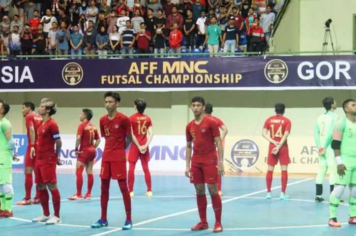 Timnas futsal Indonesia selepas laga melawan Kamboja di Piala AFF Futsal 2018.