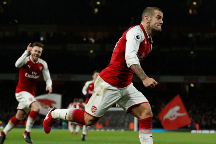 Gelandang Arsenal, Jack Wilshere, merayakan gol yang dia cetak ke gawang Chelsea dalam laga Liga Inggris di Stadion Emirates, London, pada 3 Januari 2018.