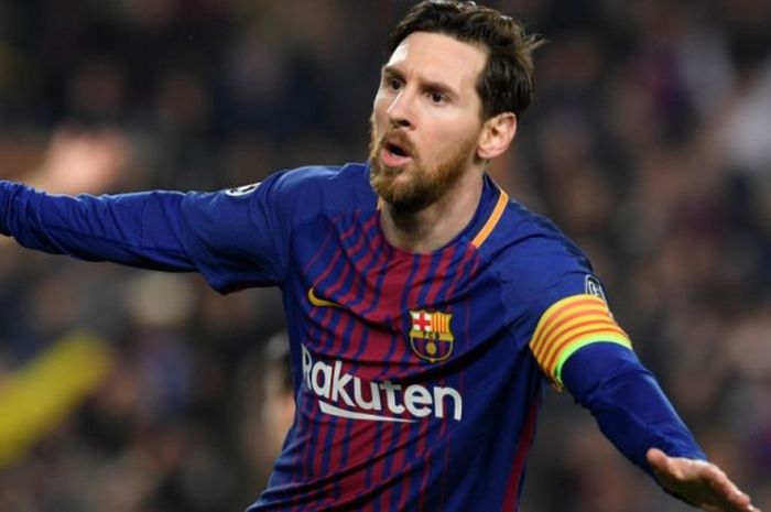 Selebrasi penyerang FC Barcelona, Lionel Messi, saat merayakan gol ke gawang Chelsea dalam laga leg 2 babak 16 besar Liga Champions 2017-2018 di Stadion Camp Nou, Barcelona, Spanyol, pada Rabu (14/3/2018).