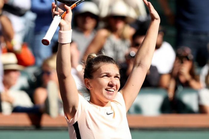 Ekspresi Simona Halep usai meraih kemenangan yang membawanya menembus babak semifinal Indian Wells 2018.