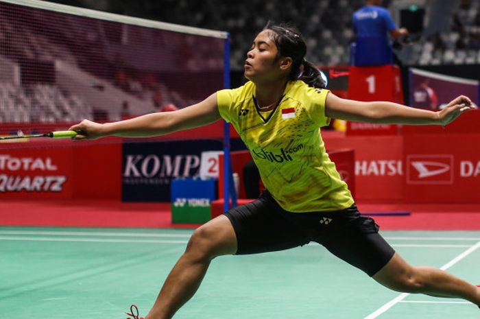 Pemain tunggal putri Indonesia, Gregoria Mariska Tunjung, tampil pada laga babak pertama Indonesia Masters 2018, di Istora Senayan, Selasa (23/1/2018).