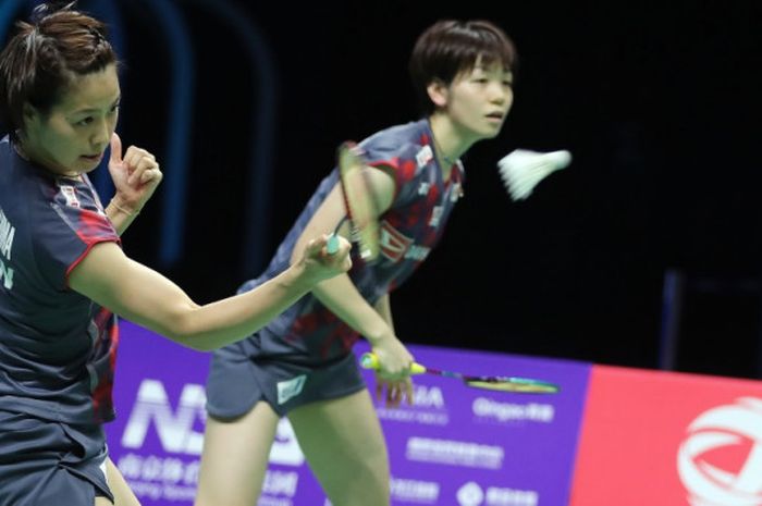 Ganda putri Jepang, Yuki Fukushima (depan)/Sayaka Hirota, di final Kejuaraan Dunia 2018 pada Minggu (5/8/2018) di Nanjing, China.