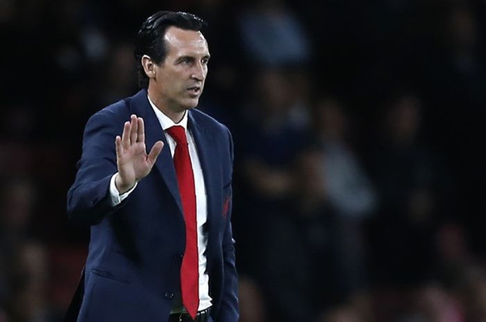 Ekspresi pelatih Arsenal, Unai Emery, dalam laga Grup E Liga Europa kontra Vorskla di Stadion Emirates, London, Inggris pada 20 September 2018.