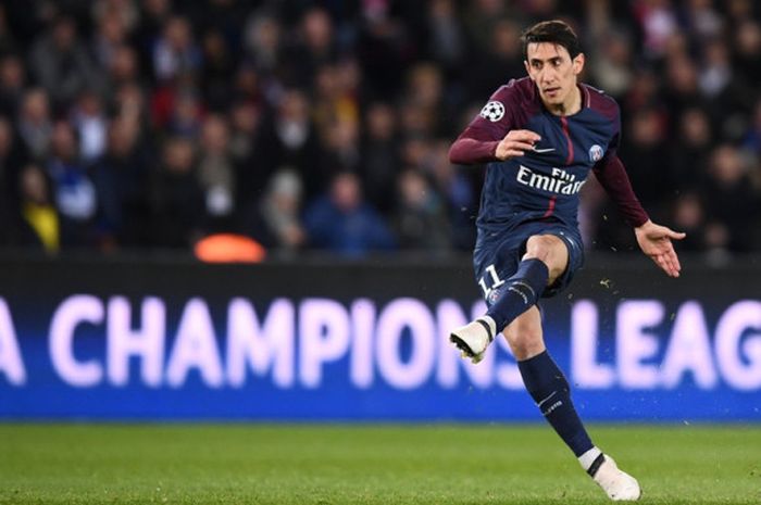 Pemain Paris Saint-Germain, Angel Di Maria, beraksi dalam laga leg kedua babak 16 besar Liga Champions kontra Real Madrid di Stadion Parc des Princes, Paris, Prancis, pada 6 Maret 2018.