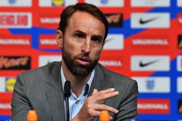   Pelatih Timnas Inggris, Gareth Southgate, memberikan keterangan kepada pers setelah mengumumkan skuat final untuk Piala Dunia 2018, 17 Mei 2018 di Wembley, London.  