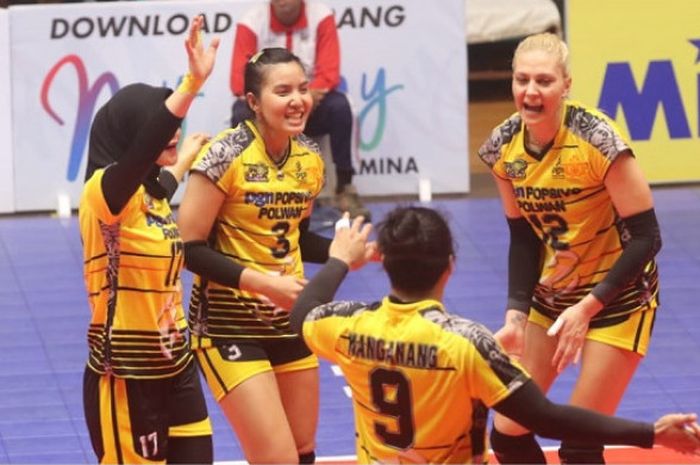 Ekspresi pemain tim putri Jakarta PGN Popsivo Polwan dalam salah satu pertandingan Proliga 2019 yang