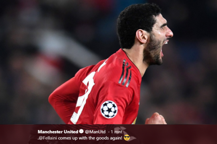 Gelandang Manchester United, Marouane Fellaini, merayakan golnya ke gawang Young Boys dalam ajang Liga Champions di Stadion Old Trafford, Mancester, Inggris, pada Rabu (28/11/2018).