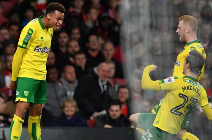 Selebrasi pemain Norwich City, Josh Murphy (kiri), setelah sukses mencetak gol ke gawang Arsenal dalam laga babak 16 besar Piala Liga Inggris 2017-2018 di Stadion Emirates, London, Inggris, pada Selasa (24/10/2017).