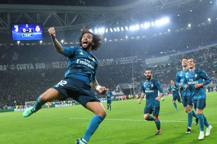  Bek kiri Real Madrid, Marcelo, merayakan gol yang dicetak ke gawang Juventus dalam laga leg pertama perempat final Liga Champions di Stadion Allianz, Turin, Italia pada 3 April 2018. 