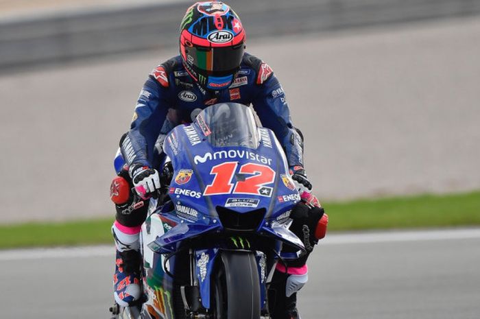 Pebalap Movistar Yamaha, Maverick Vinales, saat tampil dalam sesi tes resmi MotoGP yang digelar di Sirkuit Ricardo Tormo, Valencia, pada Selasa (21/11/2018).