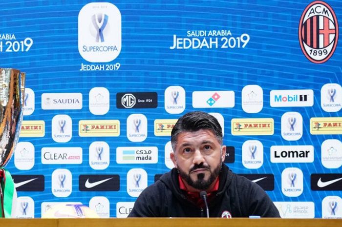 Pelatih AC Milan, Gennaro Gattuso, saat menghadiri konferensi pers jelang Piala Super Italia