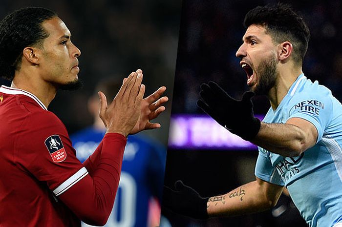 Striker Manchester City, Sergio Aguero (kanan), akan menjadi ujian yang tidak ringan buat bek Liverpool, Virgil Van Dijk.