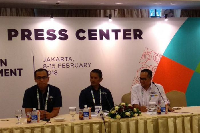 Para pejabat Inasgoc sedang memberikan pemaparan terkait Wisma Atlet Kemayoran dan venue yang digunakan pada test event Asian Games 2018, di Hotel Century, Jakarta, Rabu (14/2/2018).