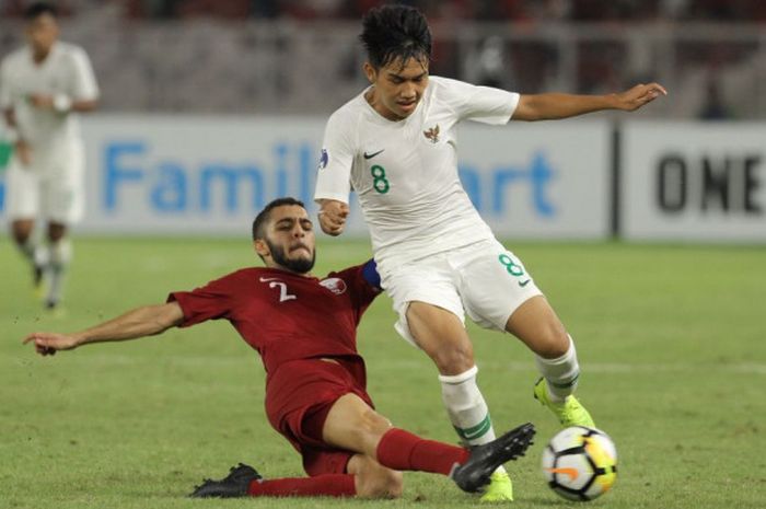 Pemain timnas U-19 Indonesia, Witan Sulaeman, mengontrol bola pada laga fase grup Piala Asia U-19 2018 kontra Qatar di Stadion Utama Gelora Bung Karno, Jakarta, Minggu (21/10/2018).