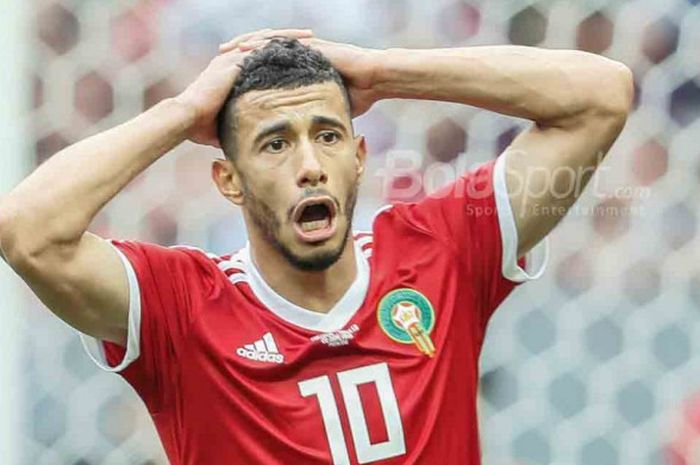 Ekspresi pemain Maroko, Younes Belhanda, pada laga melawan Portugal di  Stadion Luzhniki, Moskow, pada Rabu, 20 Juni 2018. 