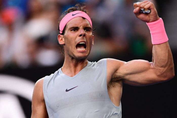 Rafael Nadal usai menang atas Diego Schwartzman pada babak 16 besar Australian Open 2018 di Rob Laver Arena, Melbourne, Minggu (21/1/2018).