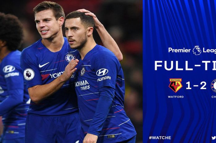 Penyerang Chelsea, Eden Hazard, merayakan kemenangan bersama Cesar Azpilicueta, dalam laga pekan ke-19 Liga Inggris versus Watford di Vicarage Road Stadium, Rabu (26/12/2018).